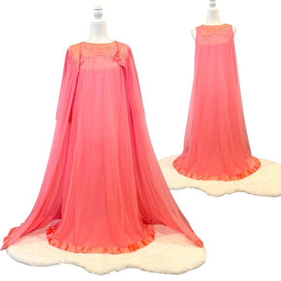 Vintage Artemis Gossard Pink Coral Silky Satin Sheer Chiffon Maxi Gown Robe Set - Picture 13 of 13